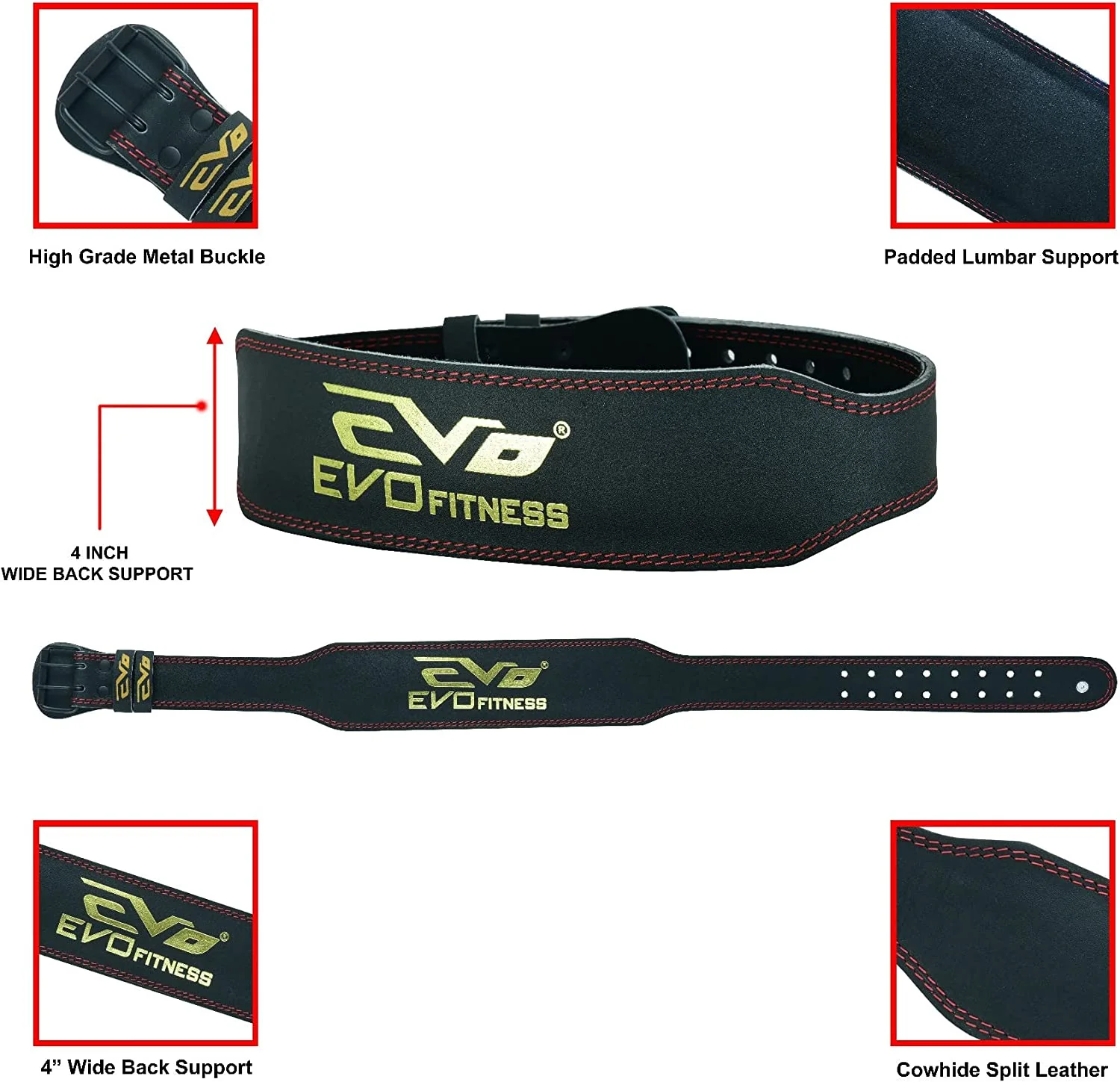 EVO 4" 6" Black PURE LEATHER GYM BELTS - Image 3