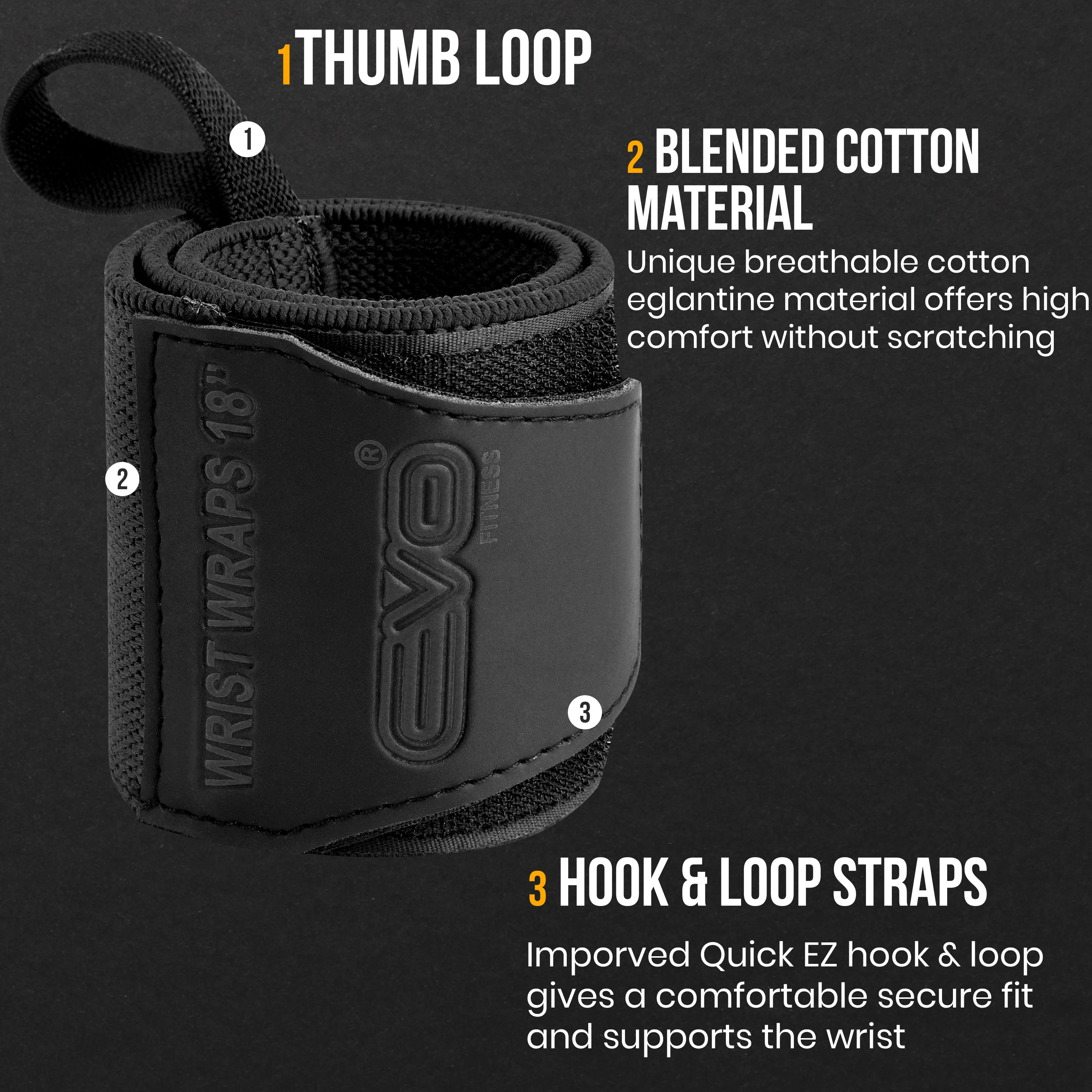 EVO Fitness Pair of 18” Deep Black Weight Lifting Wrist Wraps - Image 3