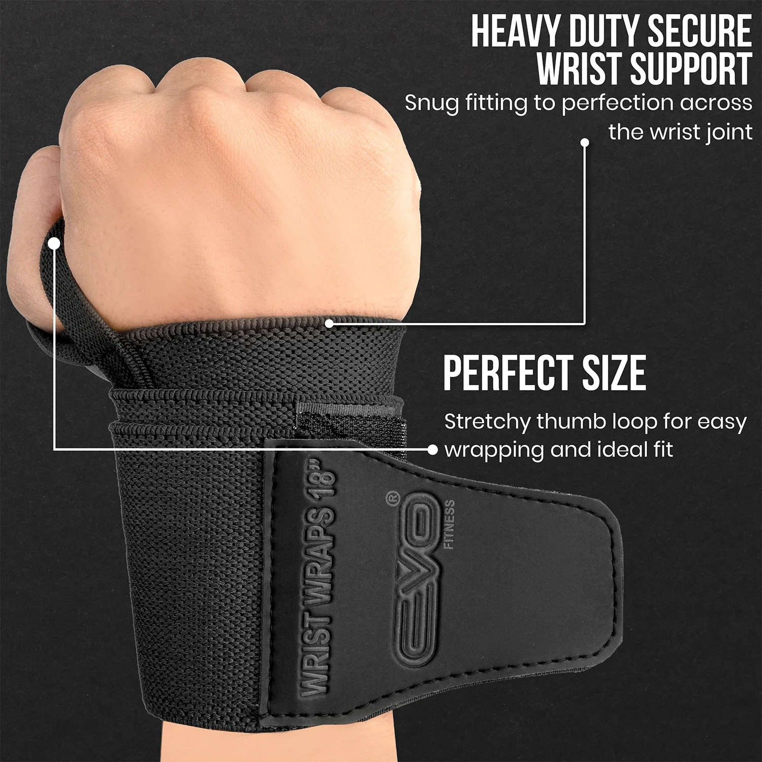 EVO Fitness Pair of 18” Deep Black Weight Lifting Wrist Wraps - Image 5