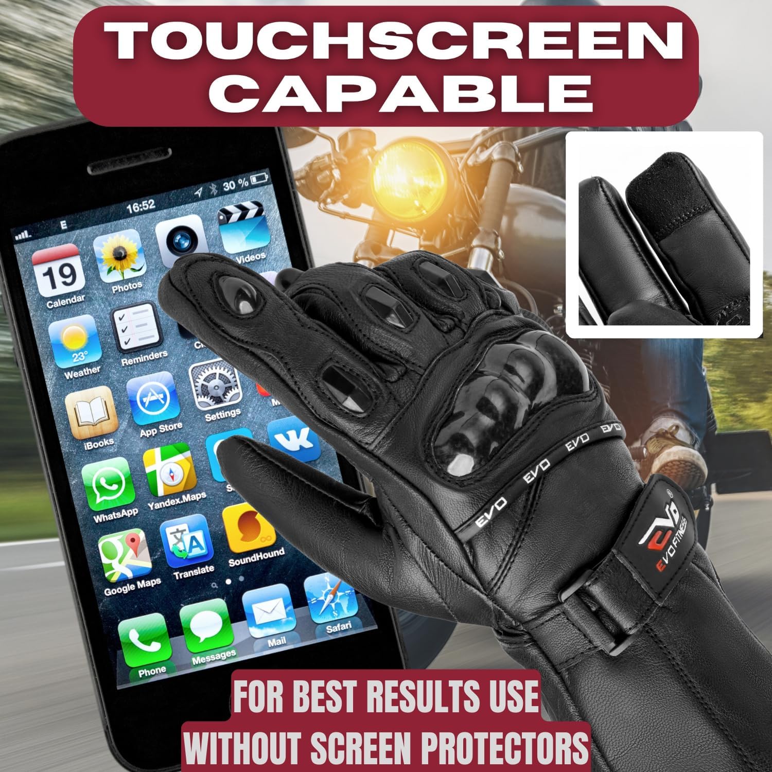 EVO Pro Leather Motorbike Gloves with Inner Thermals - Wind & Waterproof - Image 3
